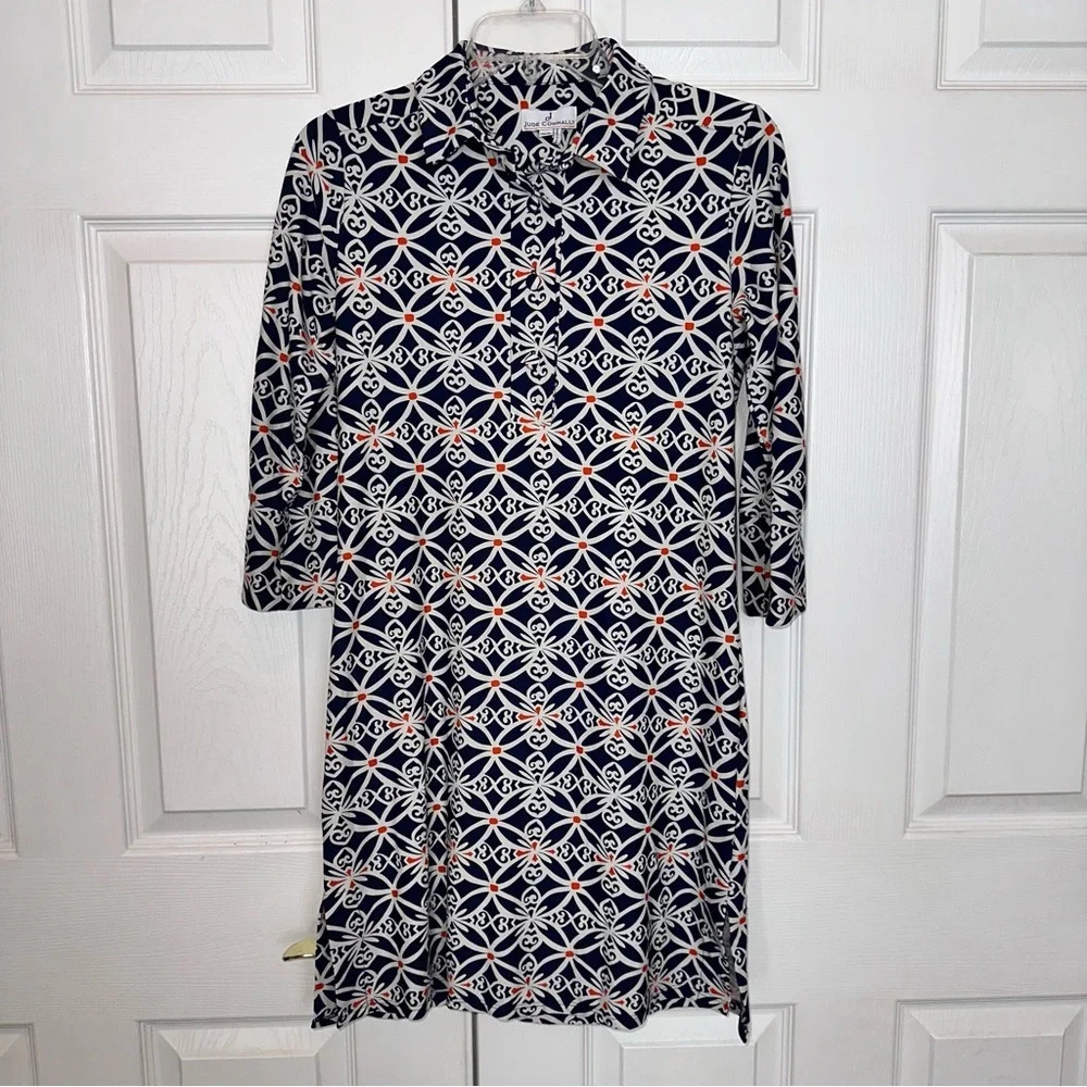 Jude Connally Susanna Dress Women’s XS Black Scroll Print‎ Stretch Collared USA